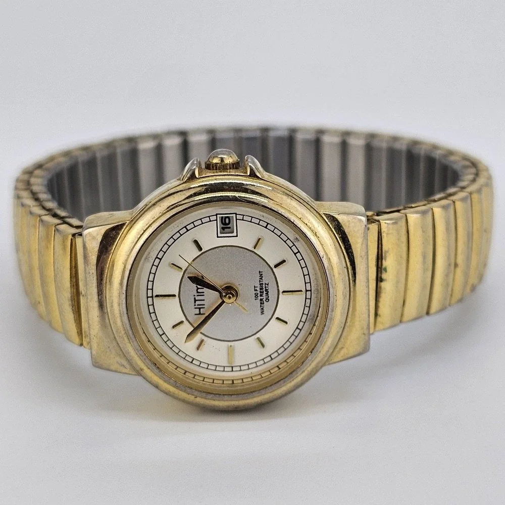 24MM Women's‎ Watch Gray Dial Gold Case Expandable Band Date 5.75